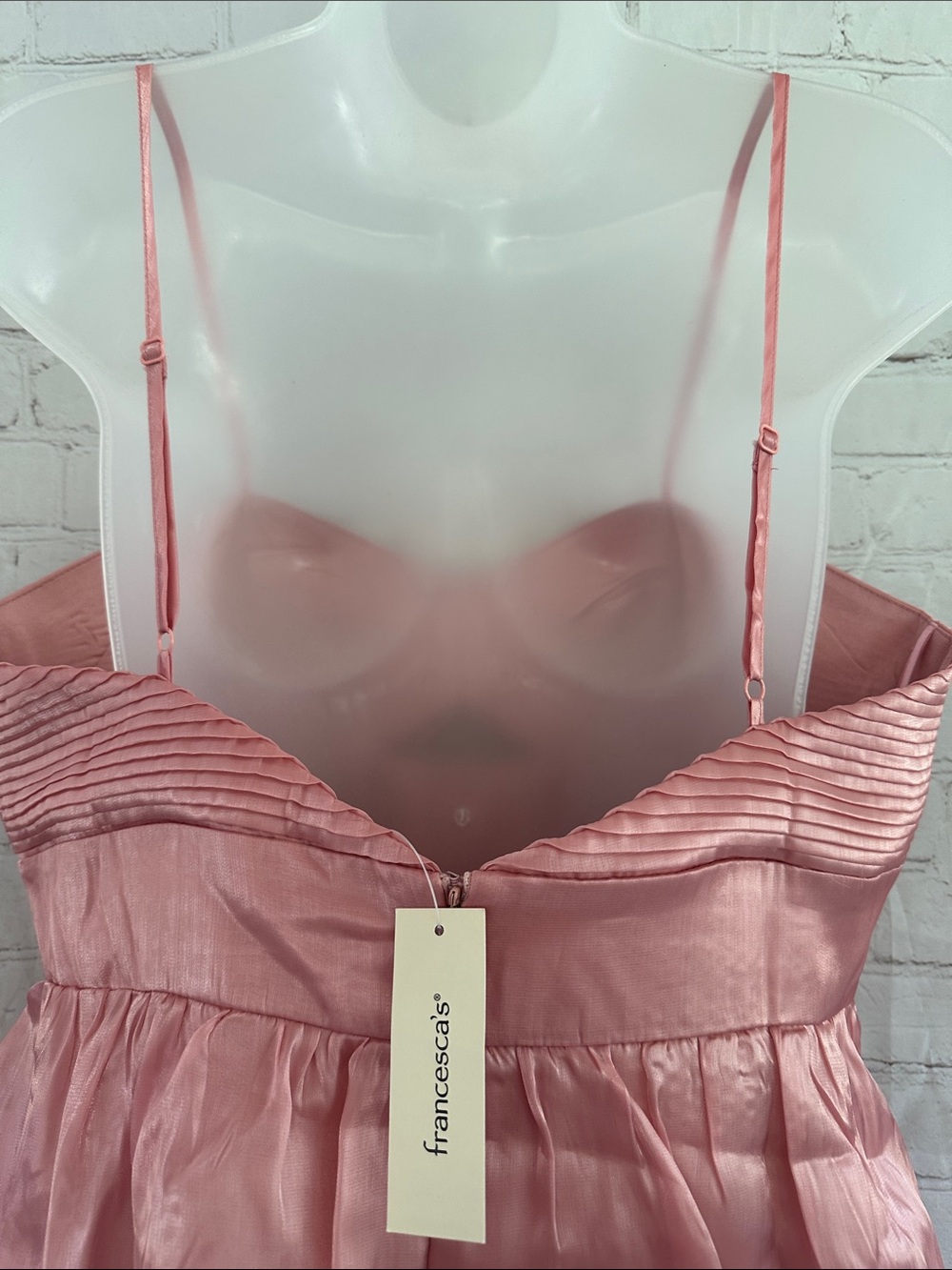 Francesca’s Mi ami Pink Satin Pin Tuck Tiered Spaghetti-Strap Dress size L - Picture 8 of 13